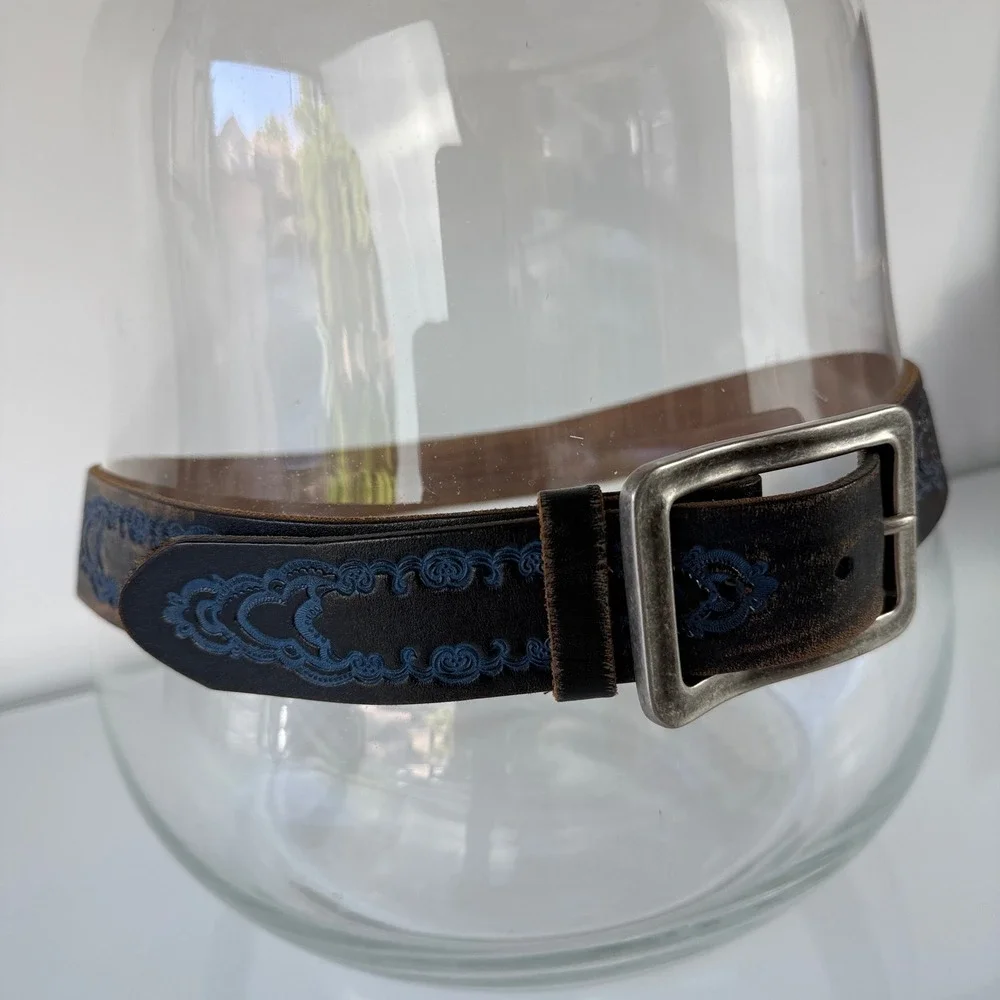 Leather Island Bill Lavin Belt Mens 36 Black Blue Embroidered Leather 3-LI8694